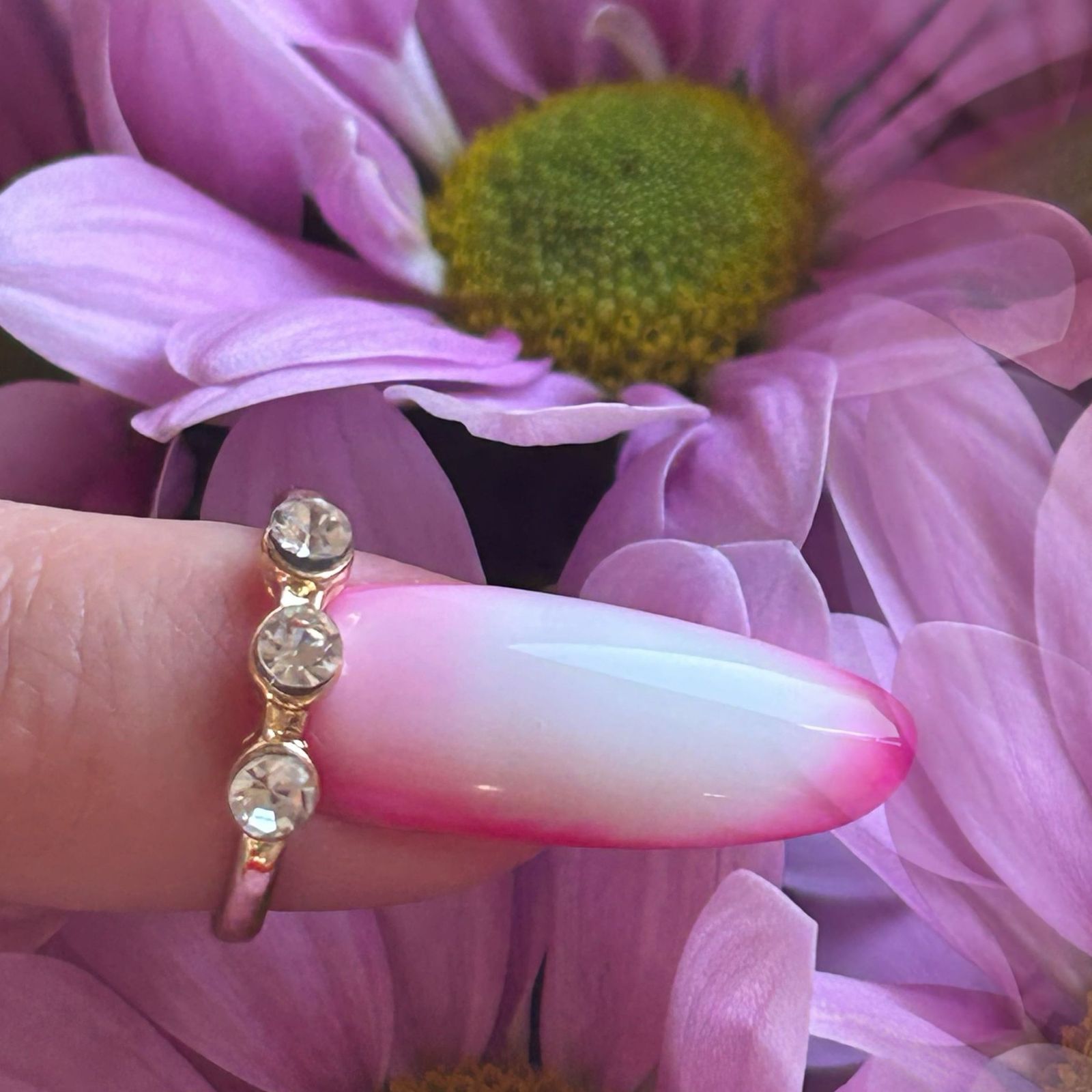 Roze ombre nagel met steentjes tegen een paarse bloem